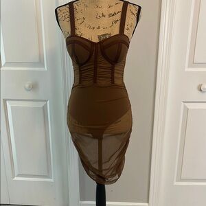 Fashion Nova Brown Sheer Lace and Spaghetti Straps Dress